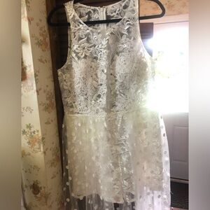 Lulus Elegant White Lace Romper with Overlay